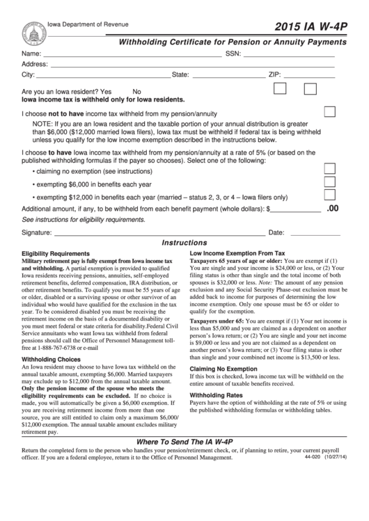 Fillable Iowa Form W 4p Withholding Certificate For Pension Or 