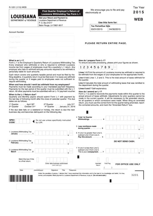 Fillable R 1201 2015 Louisiana Withholding Tax Form L 1 Printable 