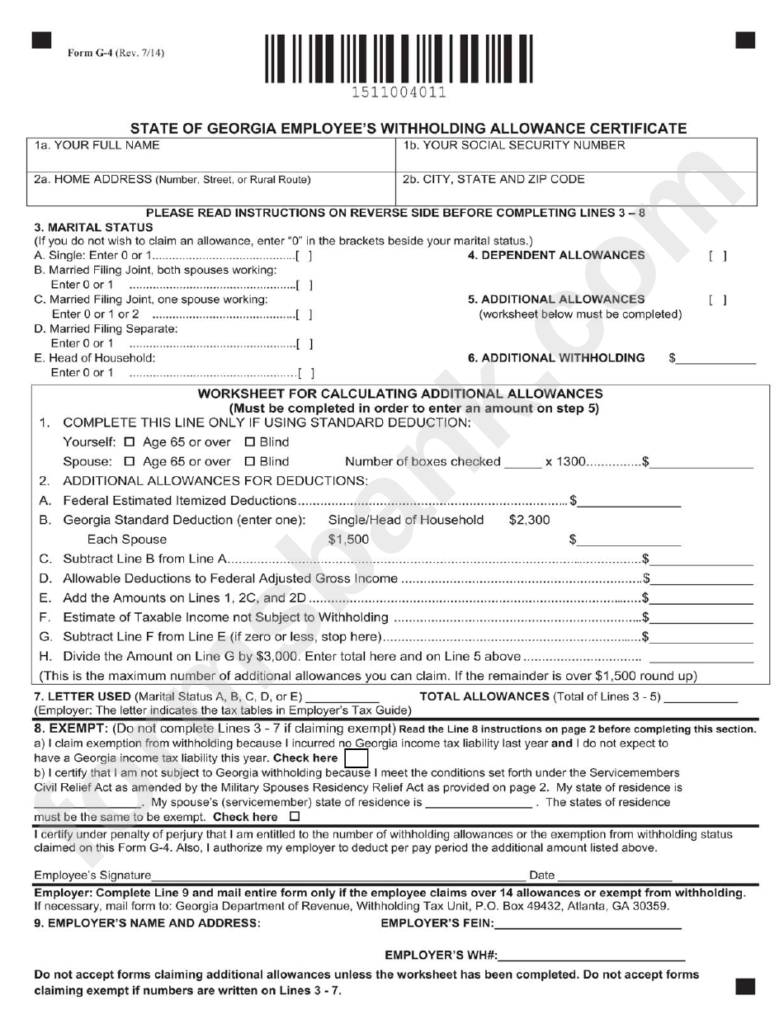 Fillable State Of Georgia Employee S Withholding Allowance Certificate