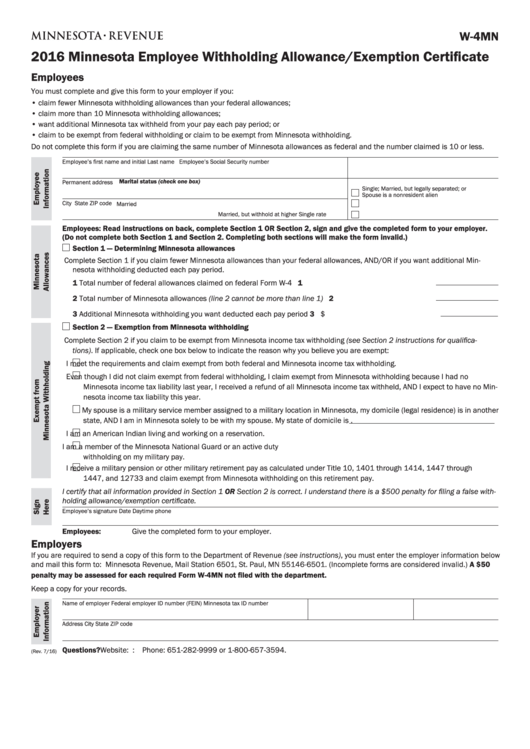 Fillable W 4mn Minnesota Employee Withholding Form Printable Pdf Download