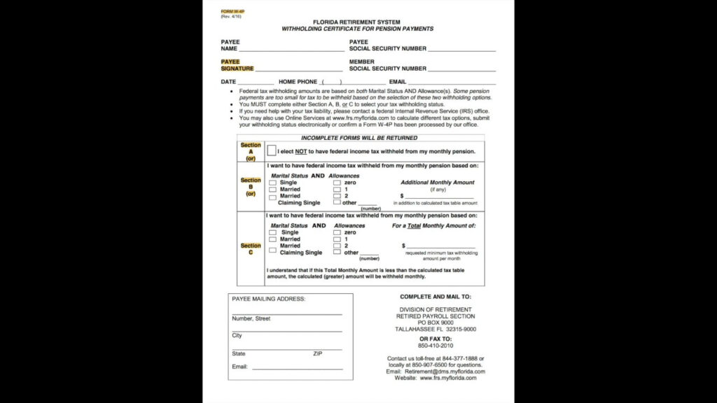 Florida Retirement System FRS Pension Tax Withholding Form Form W 4P 