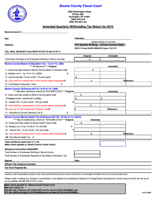 Form 2306 Amended Quarterly Withholding Tax Return 2010 Printable 