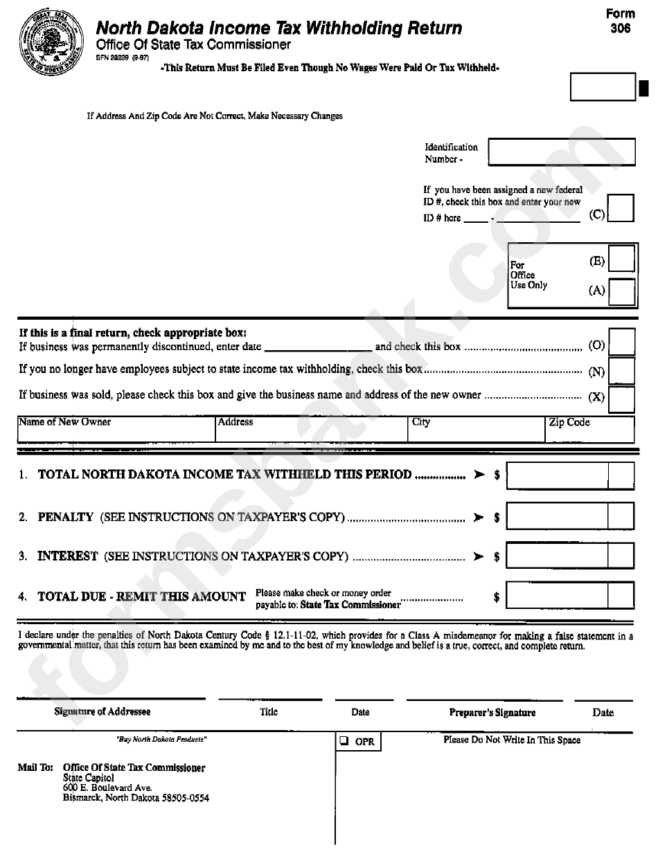 Form 306 North Dakota Income Tax Withholding Return Printable Pdf 