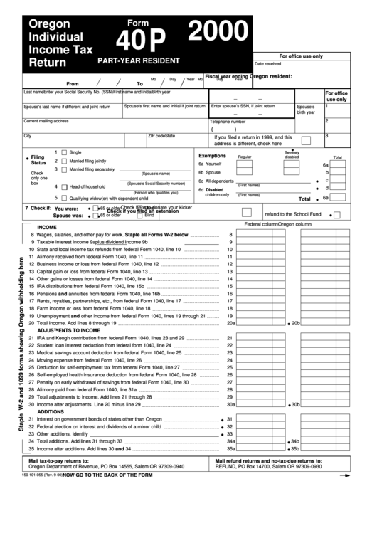 Form 40p Oregon Individual Income Tax Return 2000 Printable Pdf 