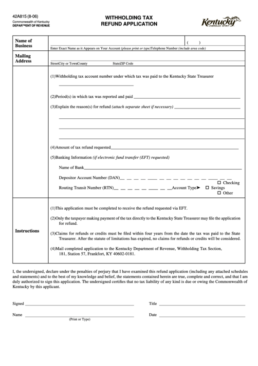Form 42a815 Withholding Tax Refund Application Printable Pdf Download