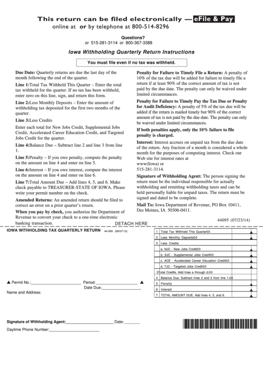 Form 44 095 Iowa Withholding Tax Quarterly Return 2014 Printable 