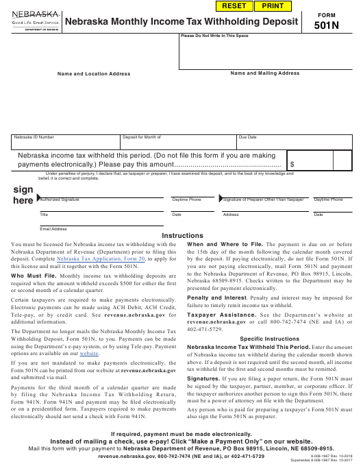 Form 501N Download Fillable PDF Or Fill Online Nebraska Monthly Income 