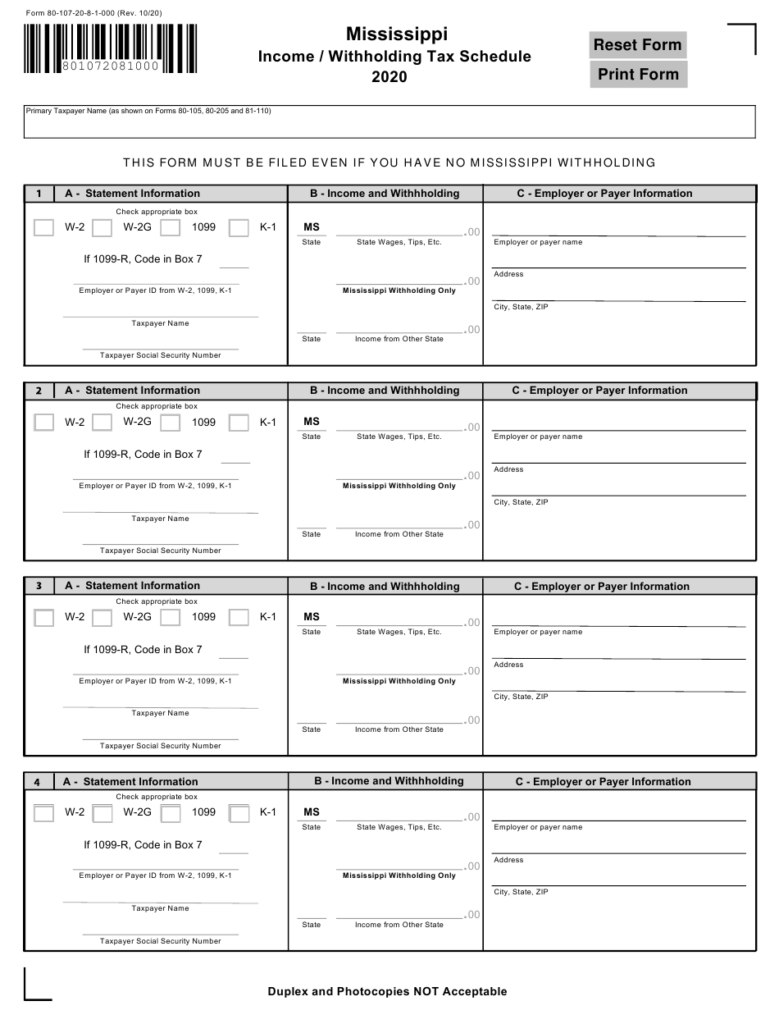Form 80 107 Download Fillable PDF Or Fill Online Mississippi Income 
