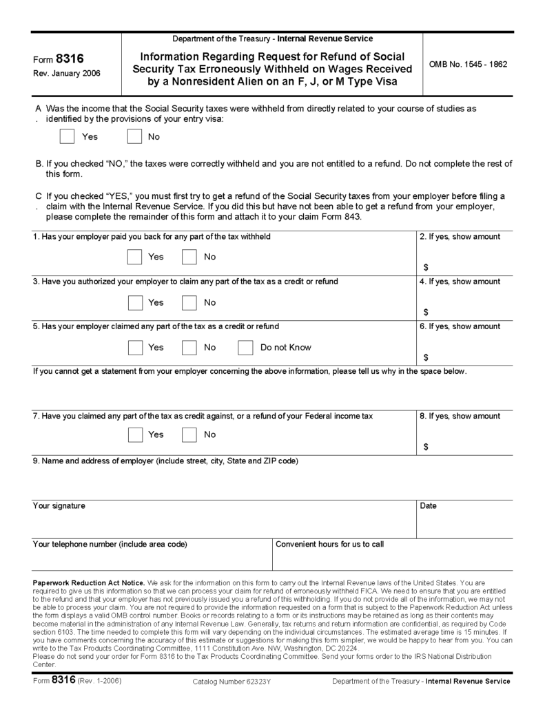 Form 8316 Information Regarding Request For Refund Of Social Security 