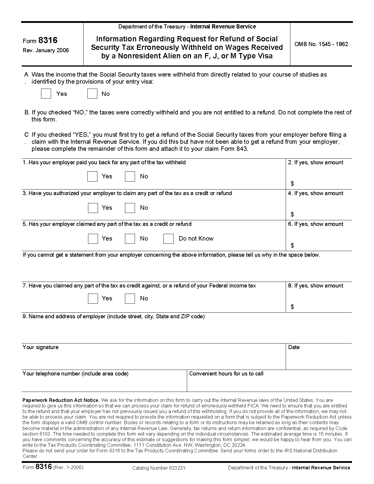 Form 8316 Information Regarding Request For Refund Of Social Security 