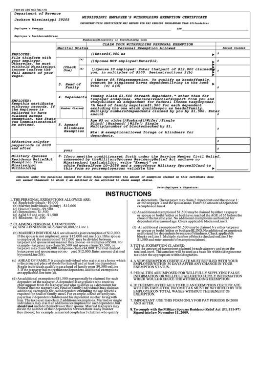 Form 89 350 10 2 Mississippi Employee S Withholding Exemption 