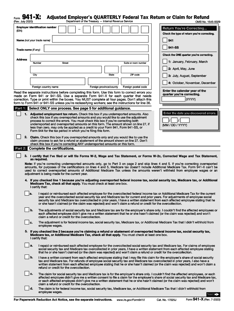 Form 941 X Rev July Adjusted Employer s Quarterly Federal Tax Return Or 
