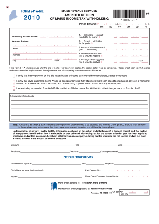 Form 941a Me Amended Return Of Maine Income Tax Withholding 2010 