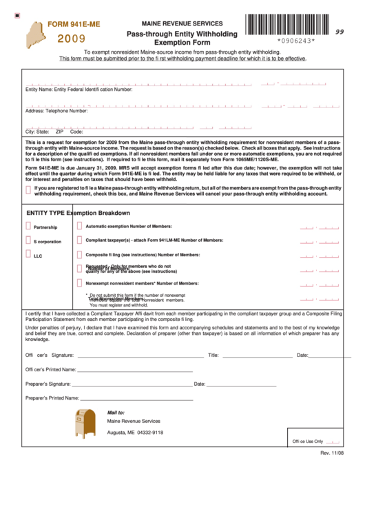 Form 941e Me Pass Through Entity Withholding Exemption 2009 
