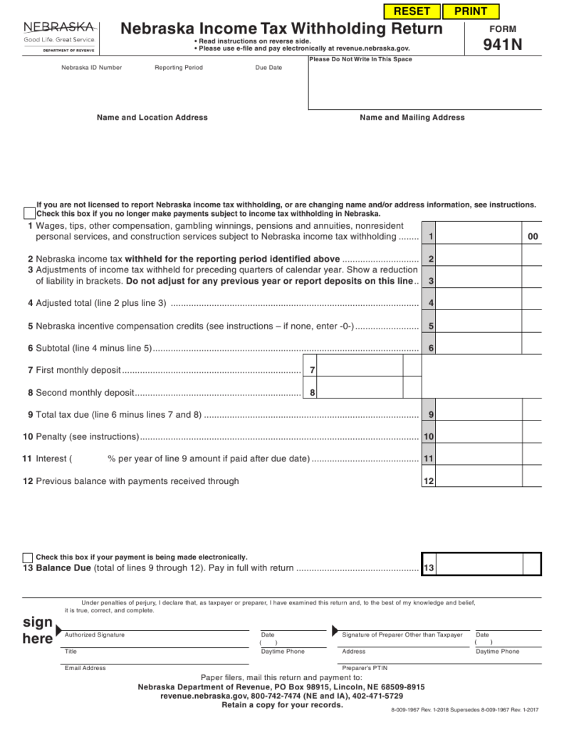 Form 941N Download Fillable PDF Or Fill Online Nebraska Income Tax