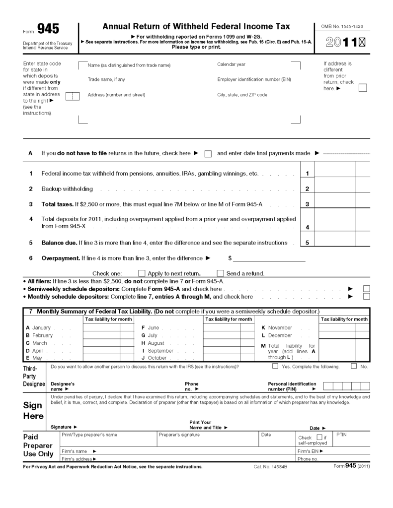 Form 945 Annual Return Of Withheld Federal Income Tax