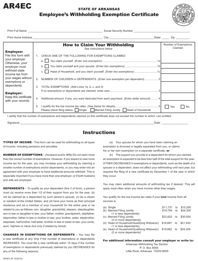 Form AR4ec Download Fillable PDF Or Fill Online Employee s Withholding 