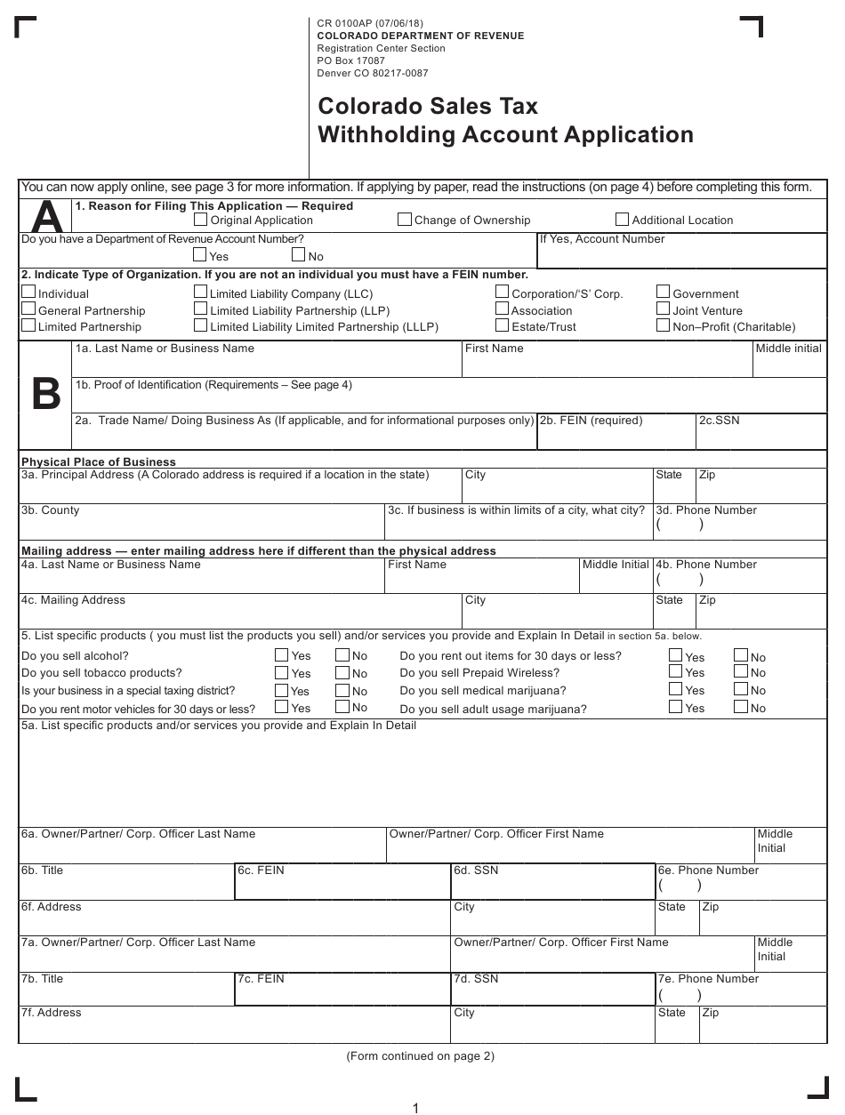 Form CR0100AP Download Fillable PDF Or Fill Online Colorado Sales Tax 