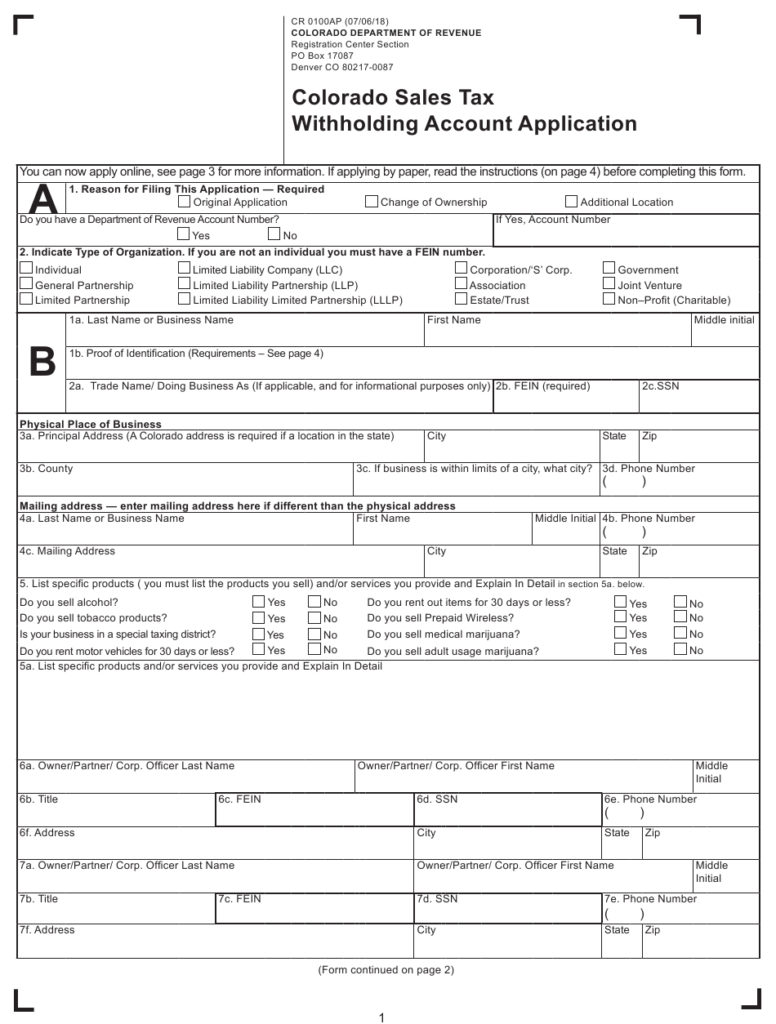 Form CR0100AP Download Fillable PDF Or Fill Online Colorado Sales Tax 