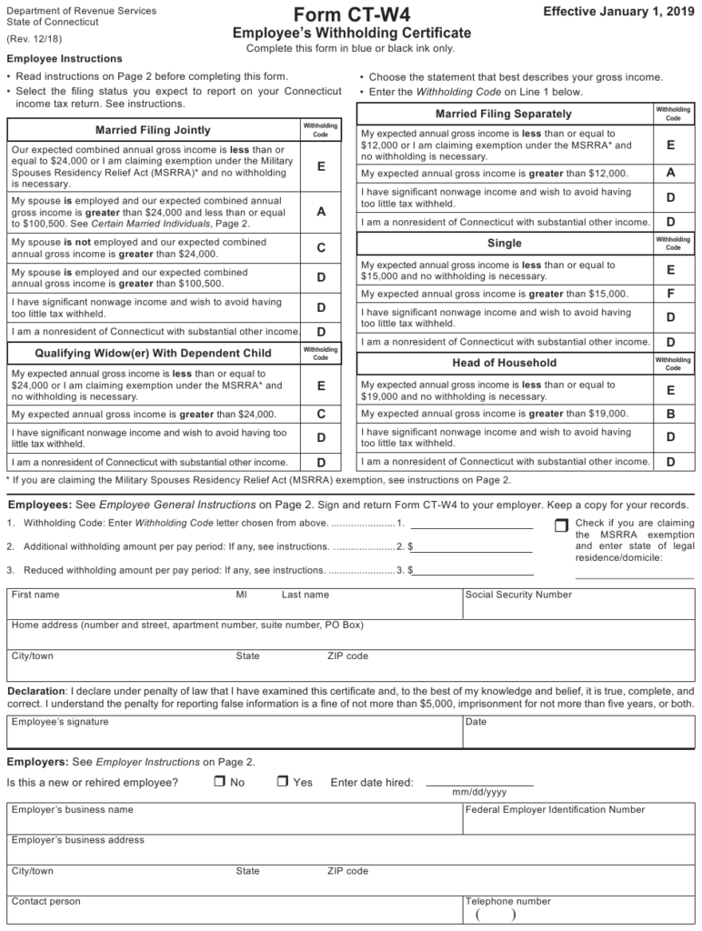 Form CT W4 Download Printable PDF Or Fill Online Employee s Withholding 