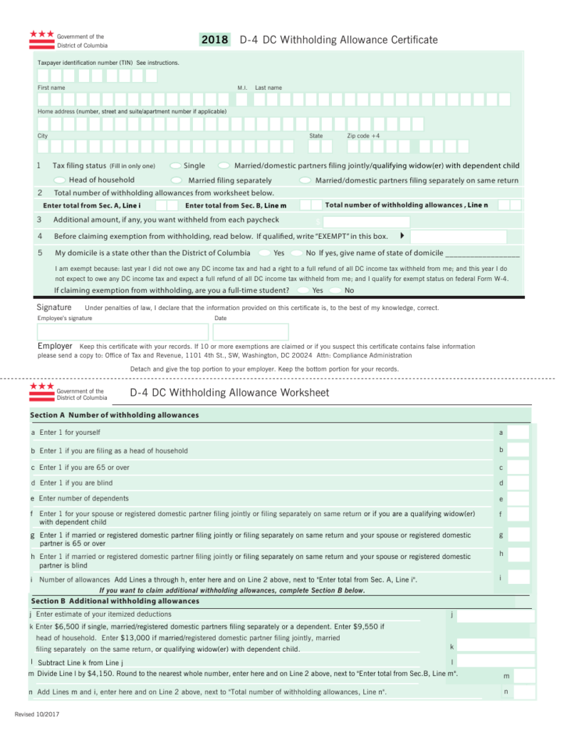 Form D 4 Download Printable PDF Or Fill Online Dc Withholding Allowance 
