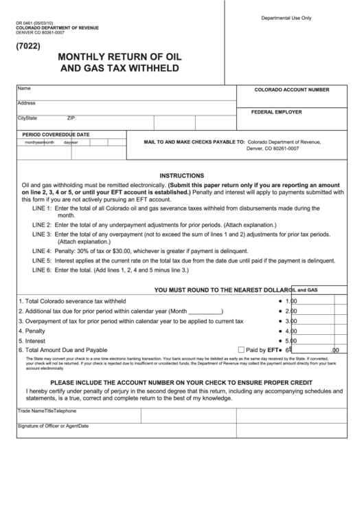 Form Dr 0461 Monthly Return Of Oil And Gas Tax Withheld Department 