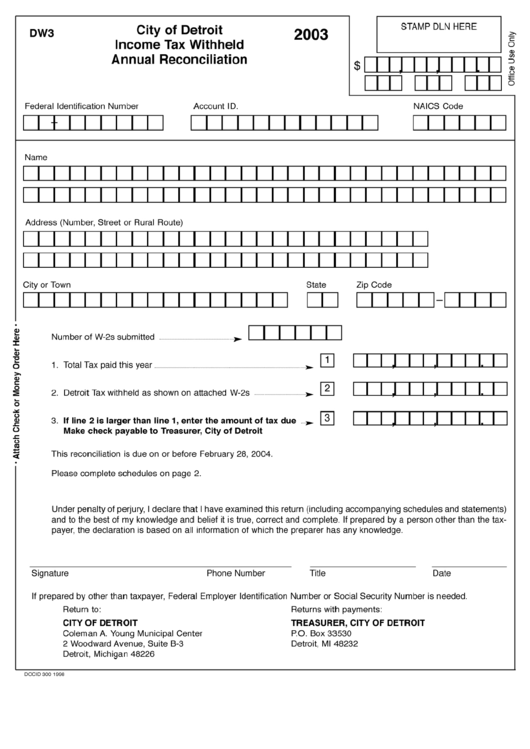 Form Dw3 City Of Detroit Income Tax Withheld Annual Reconciliation 