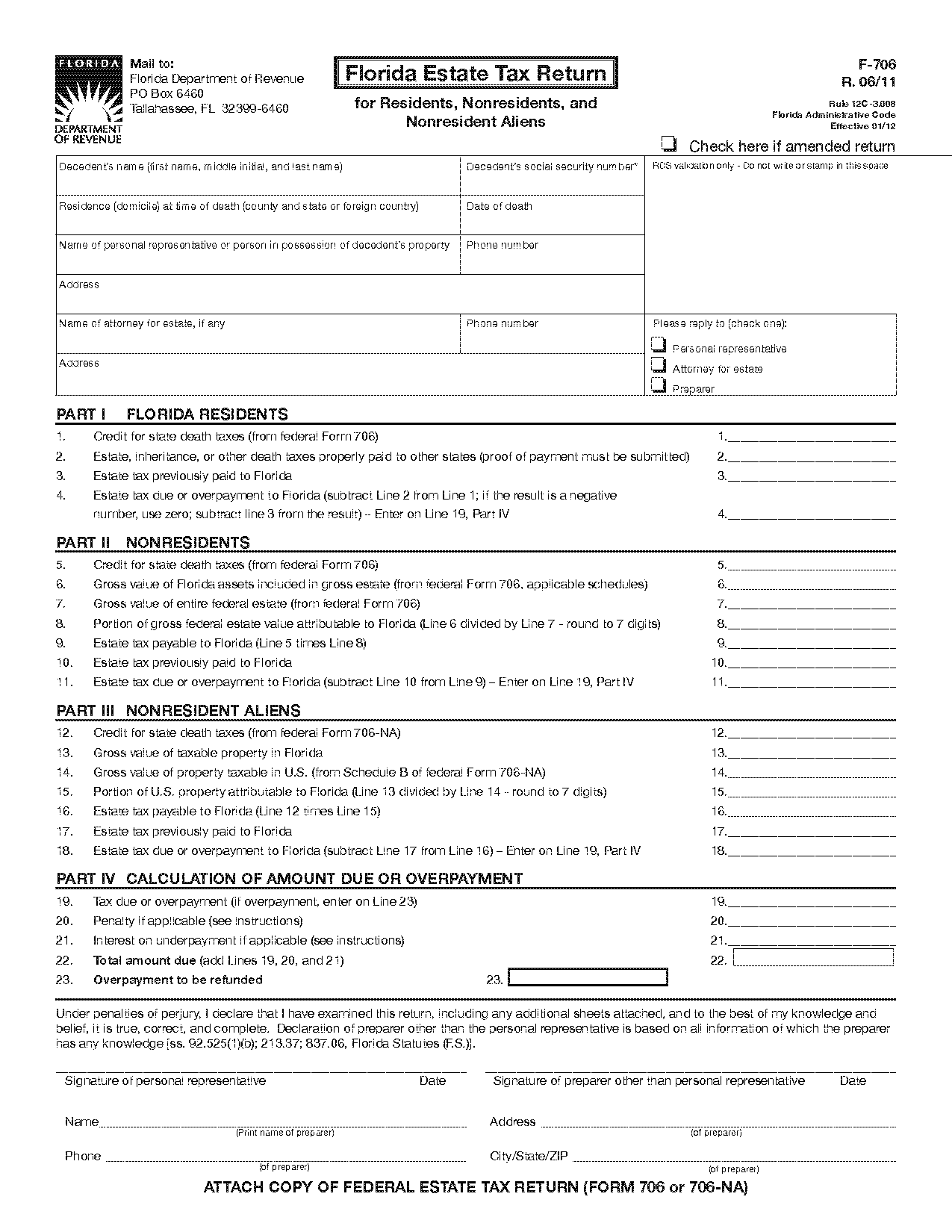 Form F 706 Florida Estate Tax Return For Residents Nonresidents And 