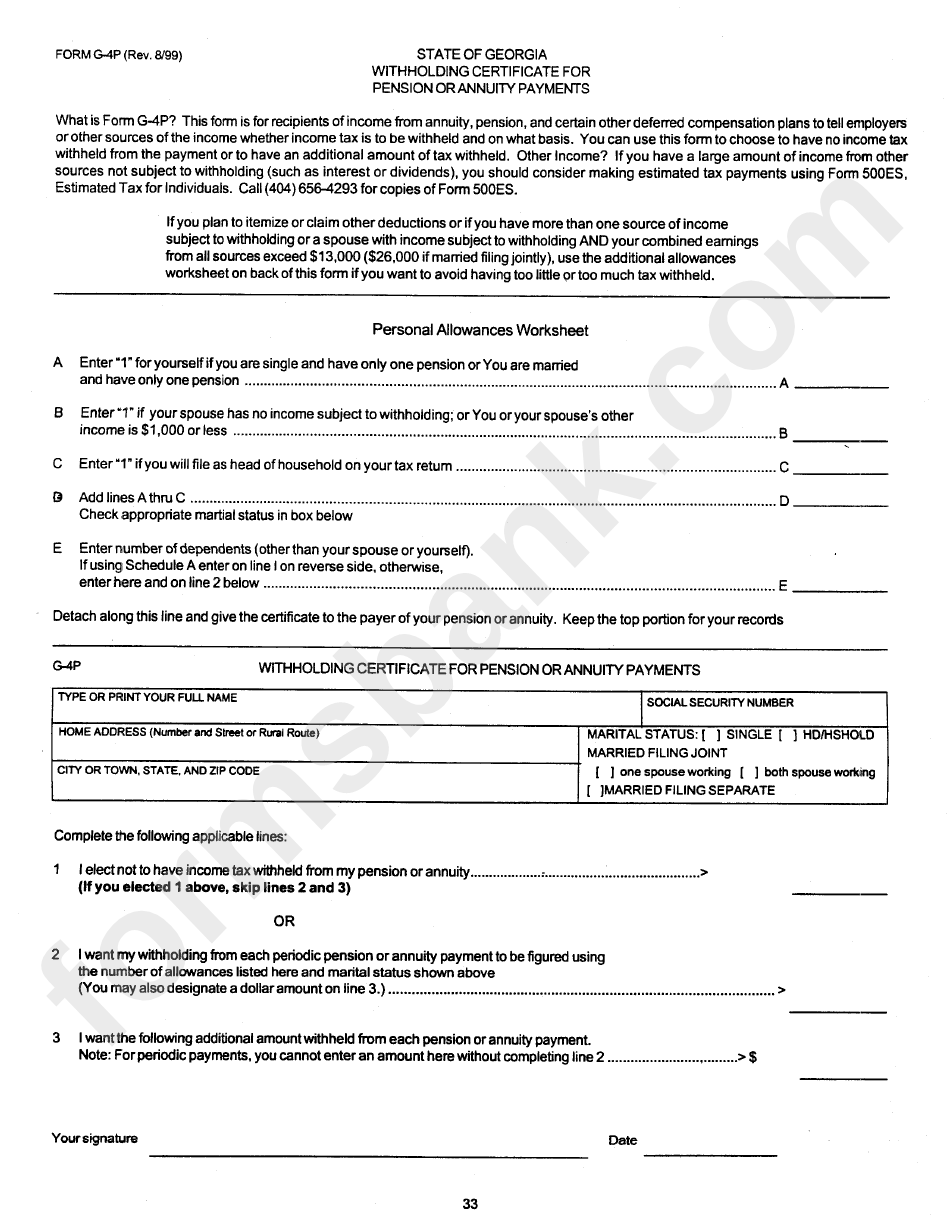 Form G 4p State Of Georgia Withholding Certificate For Pension Or 