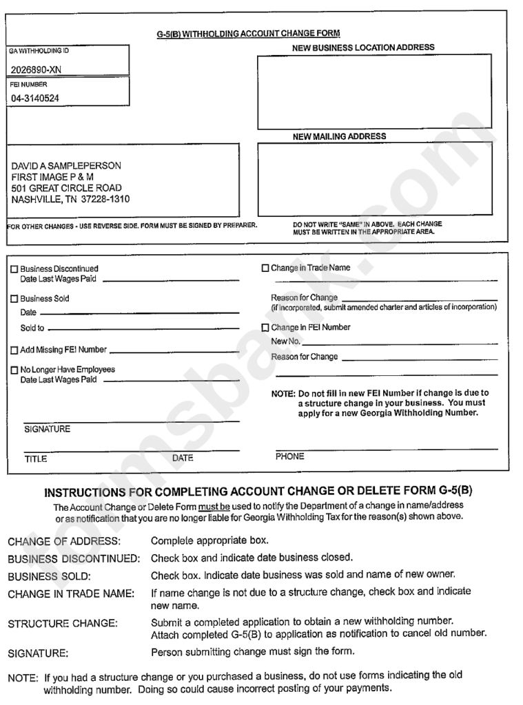 Form G 5 B Withholding Account Change Form Printable Pdf Download