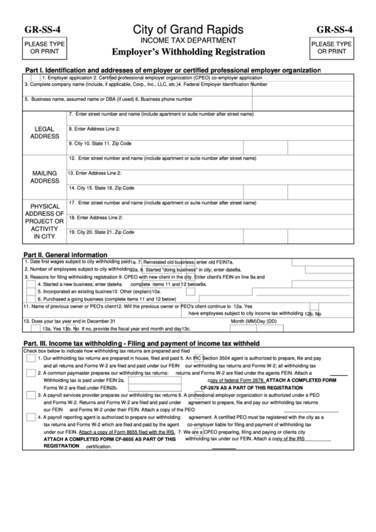 Form Gr Ss 4 Employer S Withholding Registration City Of Grand 