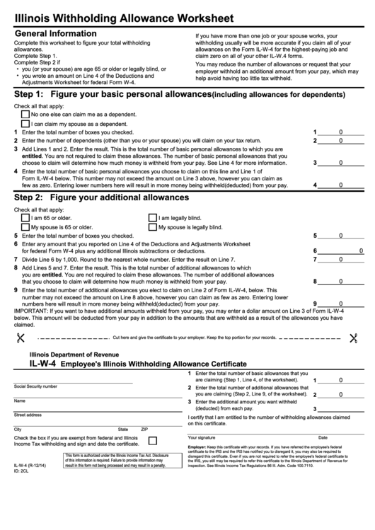 Form Il W 4 Illinois Withholding Allowance Worksheet Printable Pdf 