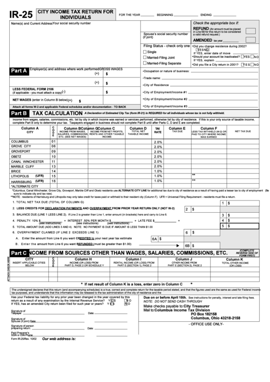 Form Ir 25 City Income Tax Return For Individuals City Of Columbus 