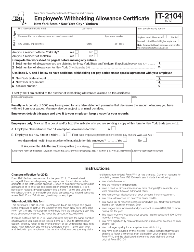 Form IT 2104 Fill in Employee s Withholding Allowance Certificate