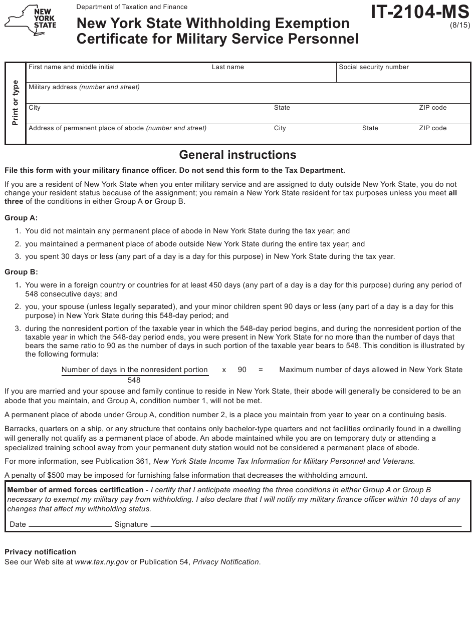 Form IT 2104 MS Download Fillable PDF Or Fill Online New York State 