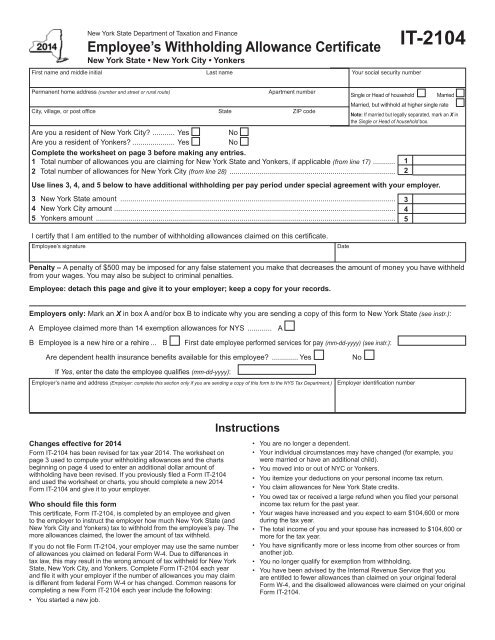 Form IT 2104 New York State Tax Withholding South Colonie 