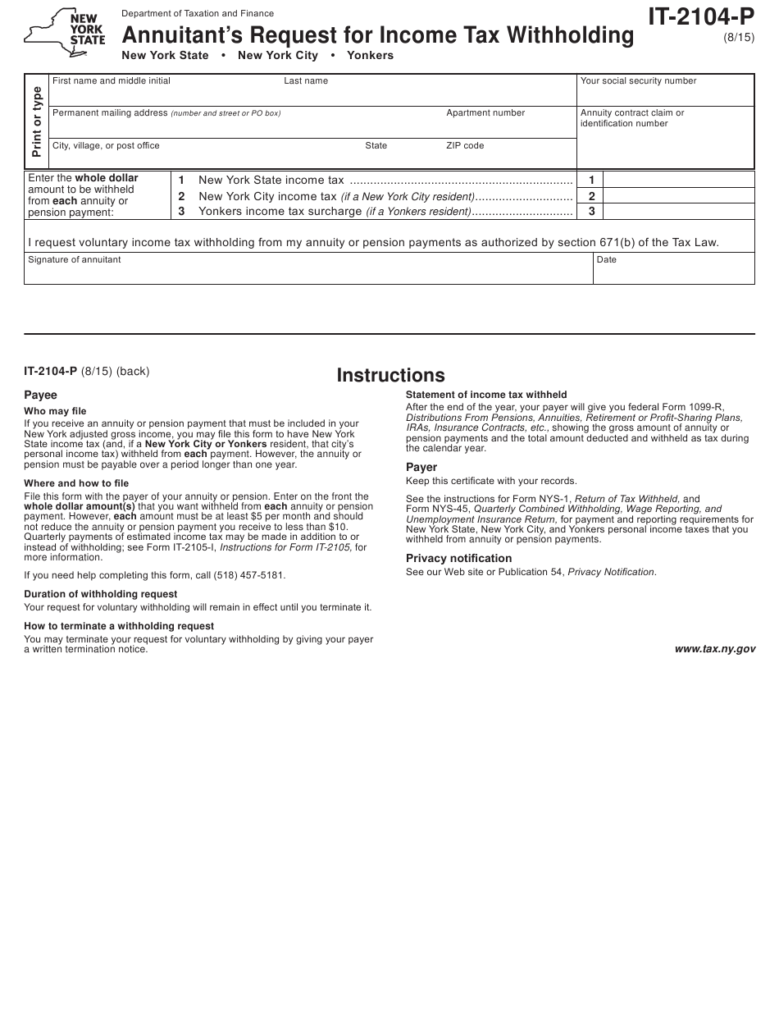 Form IT 2104 P Download Fillable PDF Or Fill Online Annuitant s Request 