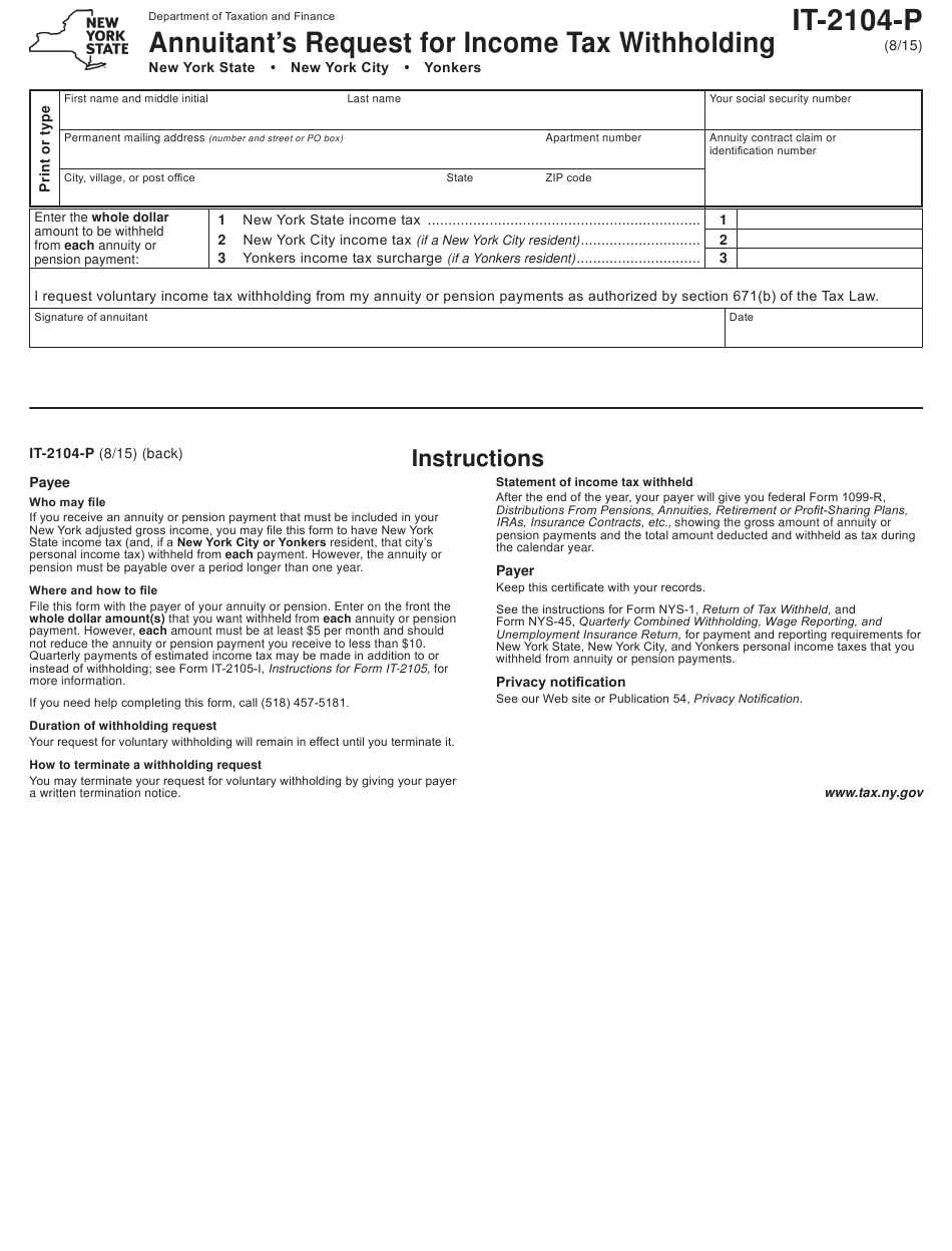 Form IT 2104 P Download Fillable PDF Or Fill Online Annuitant s Request 