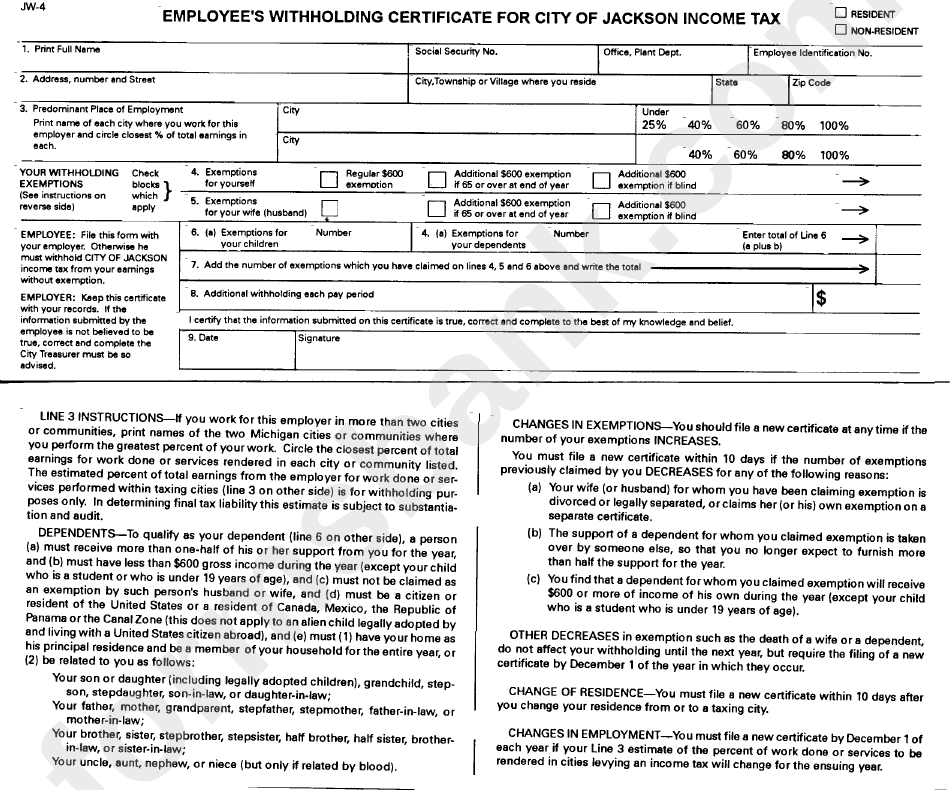 Form Jw 4 Employee S Withholding Certificate For City Of Jackson 