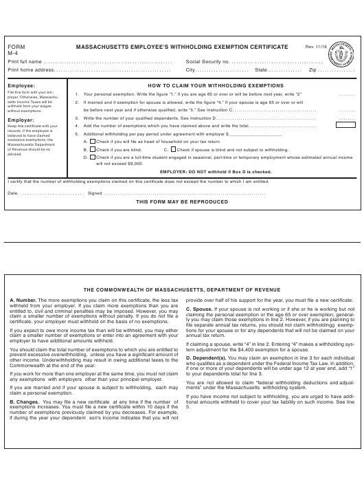 Form M 4 Download Printable PDF Or Fill Online Massachusetts Employee s 