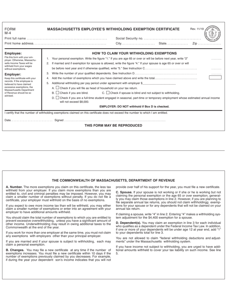 Form M 4 Download Printable PDF Or Fill Online Massachusetts Employee s 