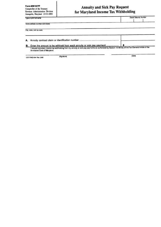 Form Mw 507p Annuity And Sick Pay Request For Maryland Income Tax 