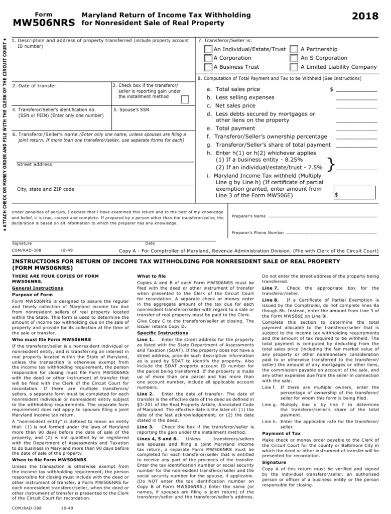 Form MW506NRS Download Fillable PDF Or Fill Online Maryland Return Of 