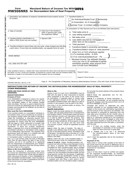 Form Mw506nrs Maryland Return Of Income Tax Withholding 2012 