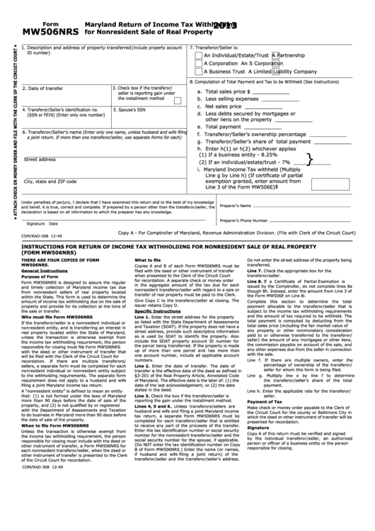 Form Mw506nrs Maryland Return Of Income Tax Withholding For