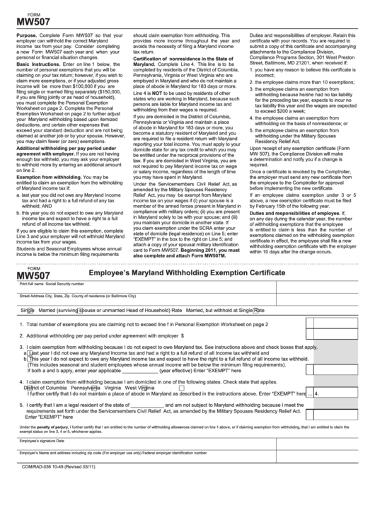 Form Mw507 Employee s Maryland Withholding Exemption Certificate 