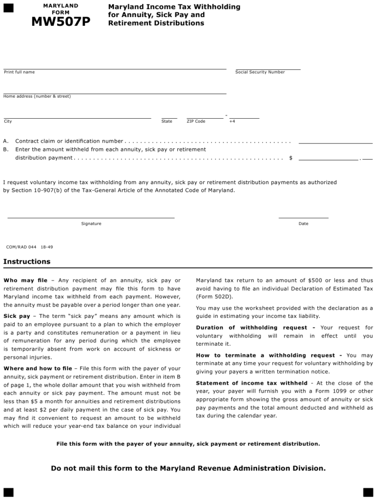 Form MW507P Download Fillable PDF Or Fill Online Maryland Income Tax