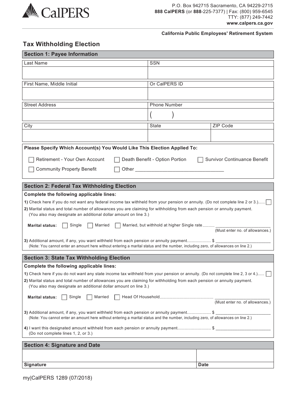 Form My CalPERS1289 Download Fillable PDF Or Fill Online Tax 