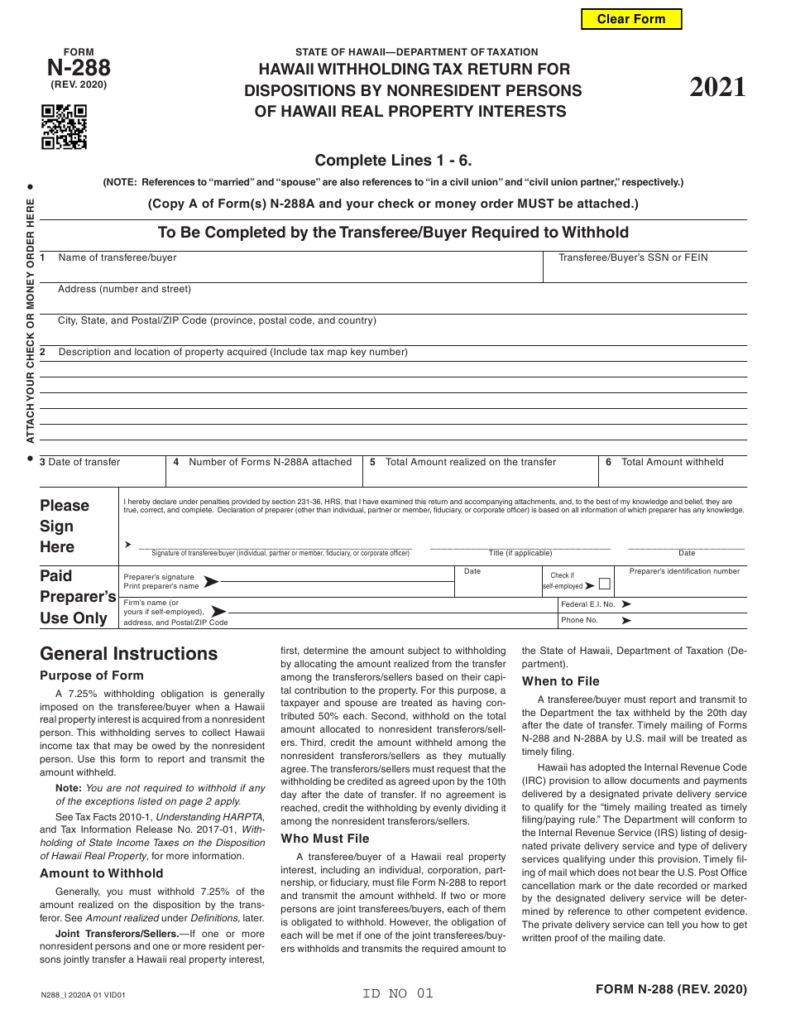 Form N 288 Download Fillable PDF Or Fill Online Hawaii Withholding Tax