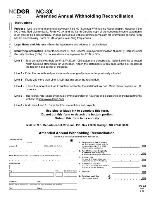 Form NC 3X Download Printable PDF Amended Annual Withholding 